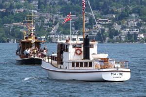 73' 1922 Menchions Shipyard ARGONAUT II and 60' 1929 Garbutt and Walsh MARDO on Lake Washington after SYC's Opening Day of Yachting Parade held each year the first weekend in May.